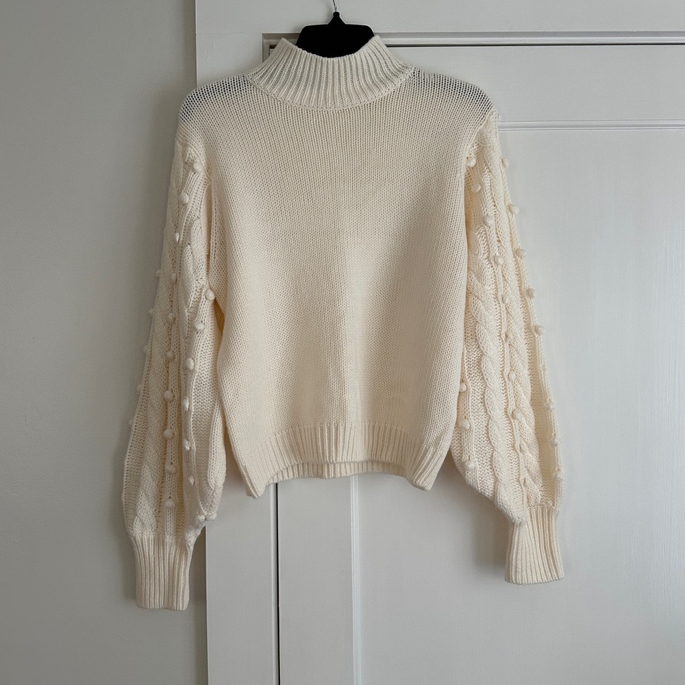Gianni Bini Cream Knit Sweater with Pom Pom Sleeves - Picture 1 of 4